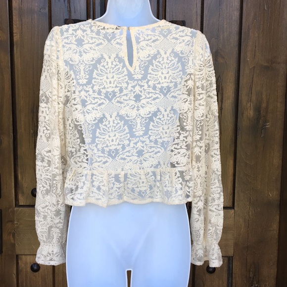 Zara Ivory Lace Ruffle Crop Top Blouse L - Picture 6 of 8